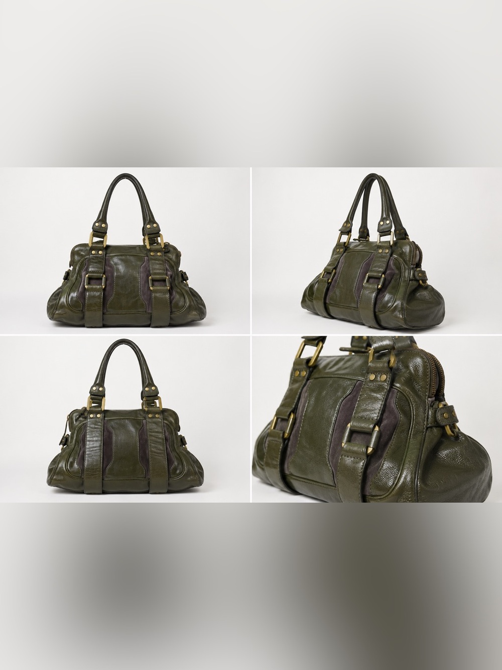 Olive Green Leather Shoulder Bag with Brass Hardware